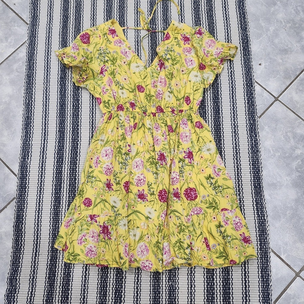 Yellow Floral Dress 14 100% Cotton Ruffle Boho Cottagecore Prairie Midi Tiered